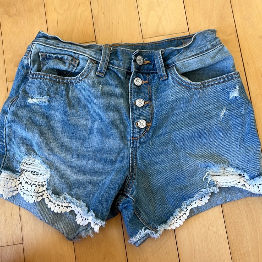 Old Navy Girls Distressed Button Fly Denim Cutoffs with Lace Insets